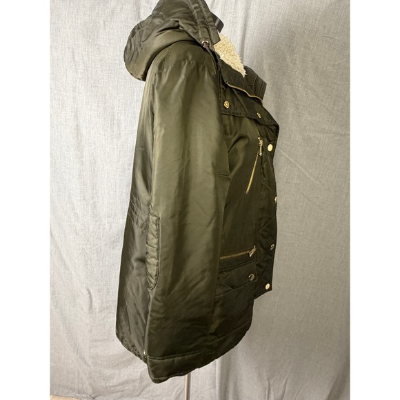 Guess Olive Sherpa Lined Hooded Parka Jacket Gold Zip Detail‎ Size XL - Picture 5 of 16